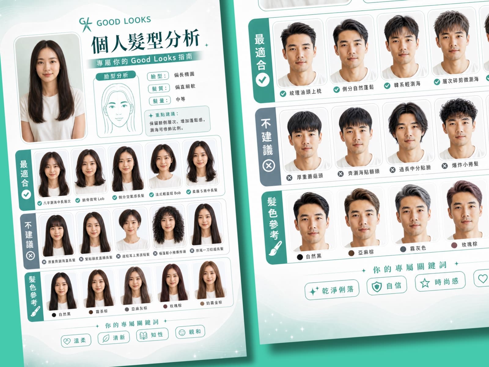 AI 生成嘅個人髮型分析圖卡示範(男女各一張)